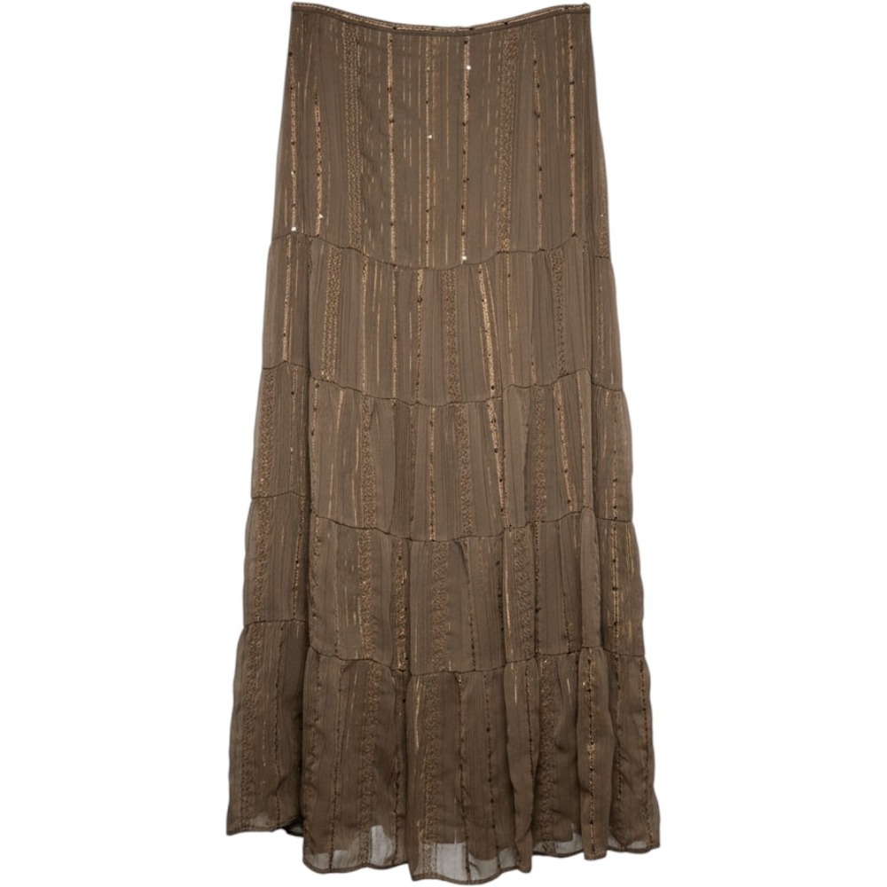 VTG 90s Women Indie Fairy Midi Skirt 14 Brown Metallic Tiered Boho Goblin